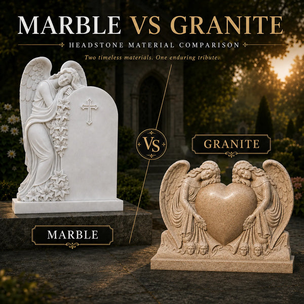 Granite vs marble headstones for cemetery monuments, comparing weather resistance, maintenance, and memorial design.