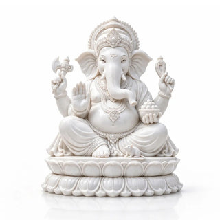 VICTORY White Marble Ganesha Statue Seated on Lotus Base for Garden Decor VSM-172