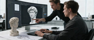 A 3D designer adjusts a digital wireframe model of a modern abstract sculpture on a screen.