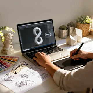 A 3D designer adjusts a digital wireframe model of a modern abstract sculpture on a screen.