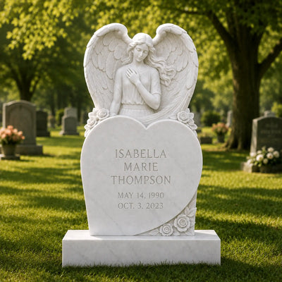 VICTORY Marble Angel Heart Headstone Memorial Monument with Floral Carvings VSM-152