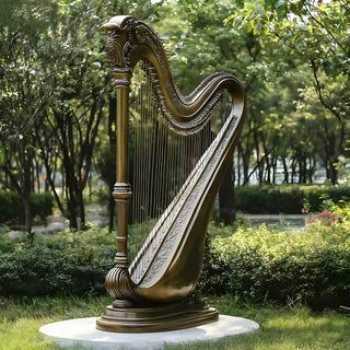 Elegant classical harp sculpture in antique bronze for gardens, courtyards, and artistic music settings