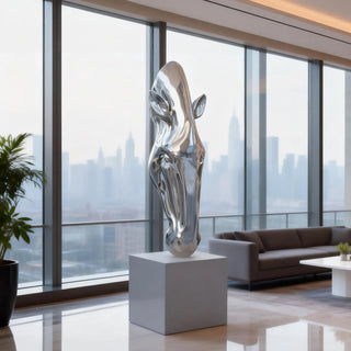 Abstract stainless steel horse head sculpture with mirror polished finish for modern outdoor decor