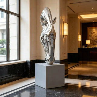 Abstract stainless steel horse head sculpture with mirror polished finish for modern outdoor decor