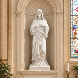 White marble Immaculate Heart of Mary statue, Virgin Mary with sacred heart on chest, Catholic religious sculpture