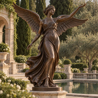 Vintage bronze female angel sculpture featuring a laurel wreath crown, realistic feathered wings VSB-166
