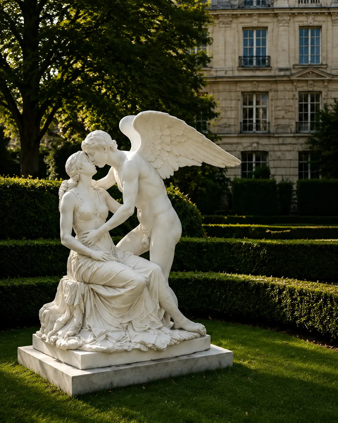 White marble Cupid and Psyche statue, classical love sculpture for garden, park and villa decor