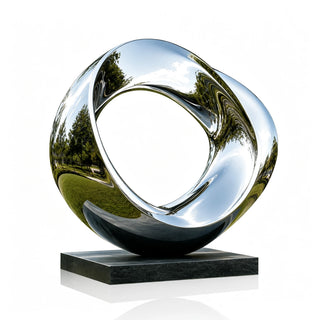 Outdoor Mobius ring sculpture in polished stainless steel designed for modern gardens and luxury landscapes