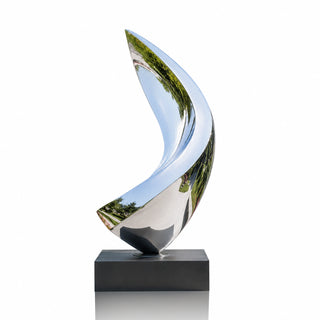 Mirror polished stainless steel sculpture with reflective curved surfaces and contemporary abstract design