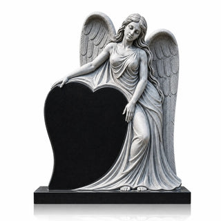 Black granite heart shaped headstone with sculpted angel for a custom grave monument and lasting memorial
