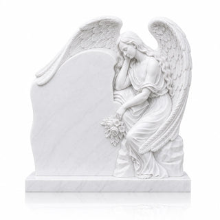 Mourning angel headstone displayed as an outdoor cemetery monument with a natural white marble memorial design
