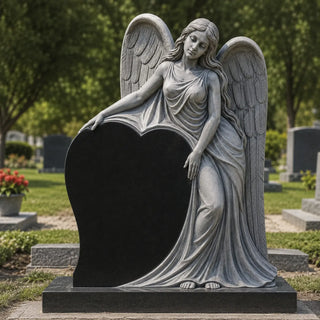 Black granite heart shaped headstone with sculpted angel for a custom grave monument and lasting memorial
