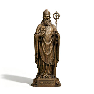 Handcrafted bronze Saint Patrick statue displayed as a religious centerpiece in a Catholic churches.