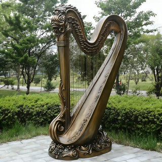 Elegant classical harp sculpture in antique bronze for gardens, courtyards, and artistic music settings