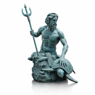 Life-size bronze Poseidon sculpture featuring a sea turtle, rock base, and classical Greek mythology design.
