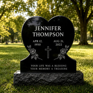 Black granite double heart headstone monument with engraved roses and cross for cemetery gravesites