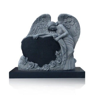 Black granite heart headstone with marble angel and rose carving for cemetery memorial