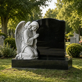 Black granite angel headstone with kneeling guardian angel sculpture for cemetery VSM-147