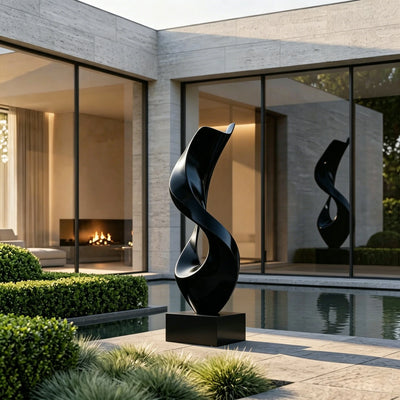 Contemporary black metal art sculpture designed for luxury hotel landscape and outdoor landscapes.