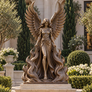 Antique bronze angel statue with wings and sculpted flame details displayed in an elegant outdoor courtyard garden