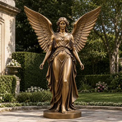 Classical bronze angel statue with large spread wings, flowing robes, antique bronze finish VSB-163