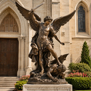 Large bronze Archangel Michael statue with sword and wings for church, religious sculpture and outdoor display.