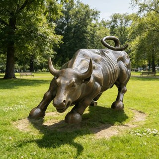 bronze bull sculpture as a landmark in a bustling city financial district plaza or corporate park.