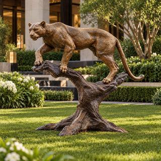 Realistic bronze cougar statue walking on a  tree branch, muscular body, curved tail, and antique brown bronze finish
