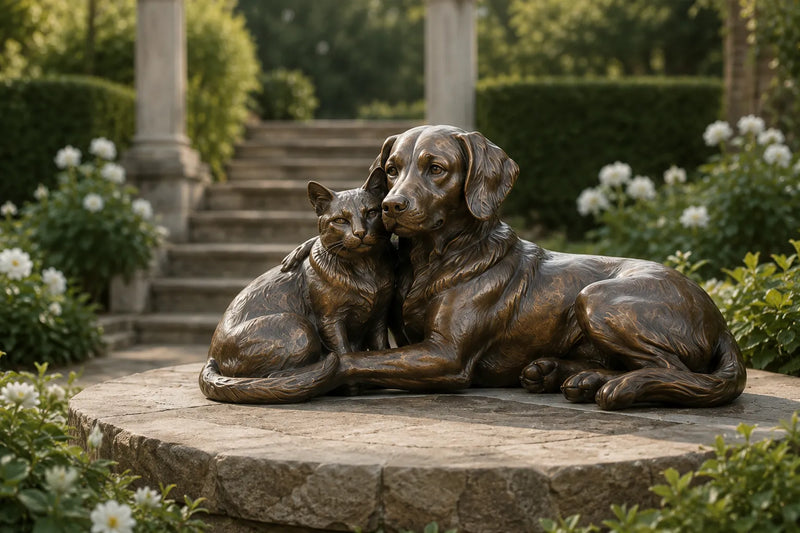 Lifelike bronze dog and cat sculpture, durable pet memorial statue for garden, patio and memorial