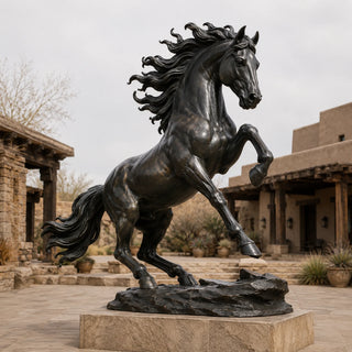 Bronze equestrian horse statue with black finish designed for estates ranches and architectural entrances
