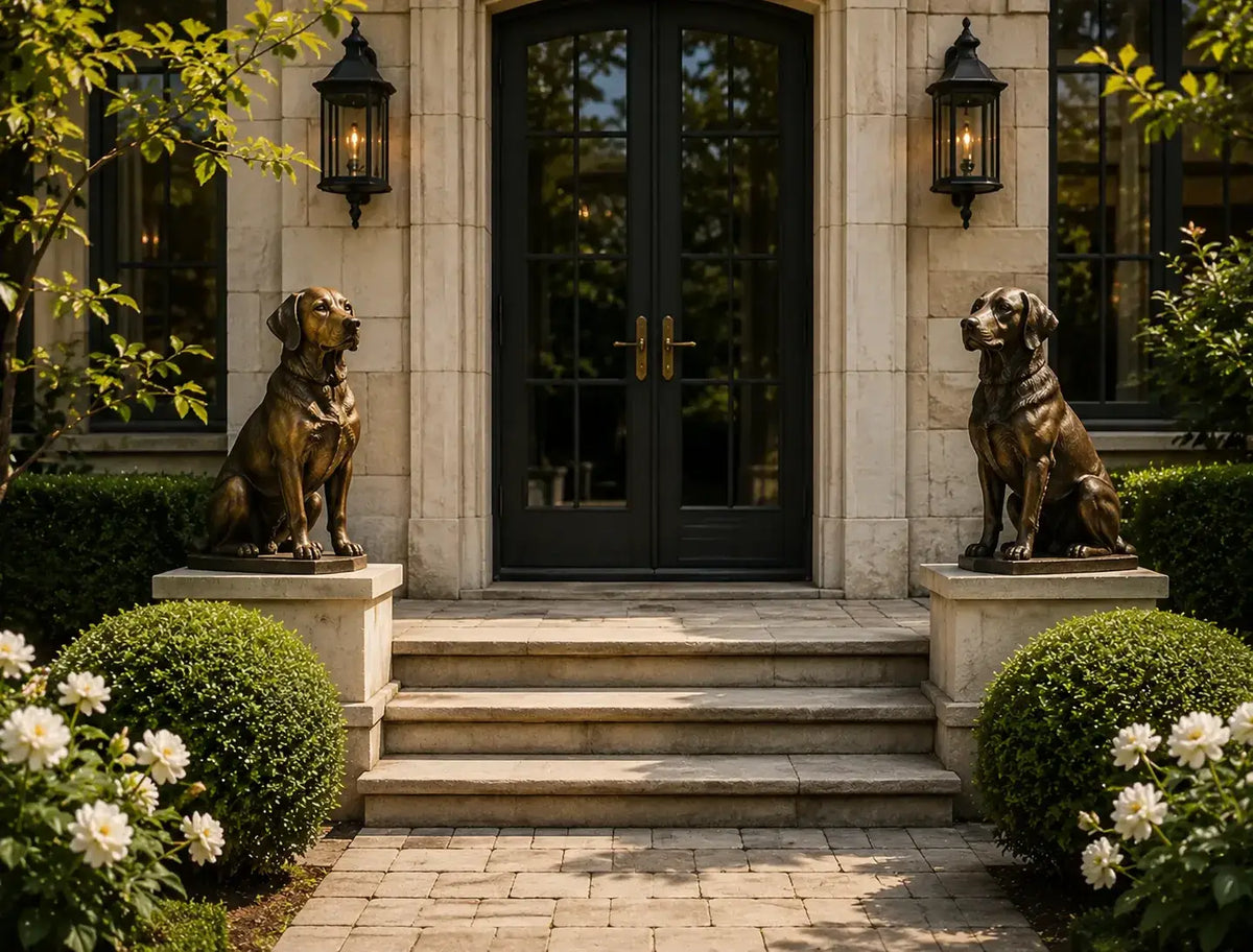 Bronze dog statues for garden, classic pet sculpture for front porch and memorial decor