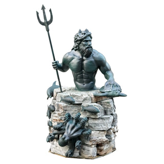 Outdoor bronze Ocean God fountain sculpture with trident and natural stone water feature VSB-144