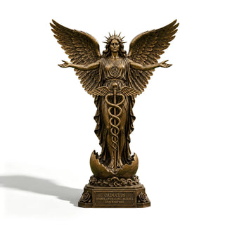 Life size bronze healing angel statue holding Caduceus staff for hospital entrance and healing garden