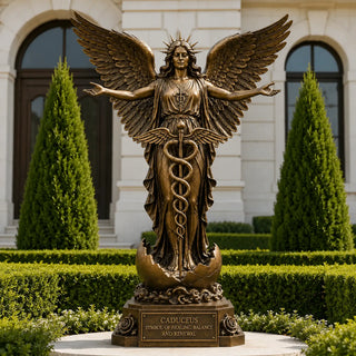 Life size bronze healing angel statue holding Caduceus staff for hospital entrance and healing garden