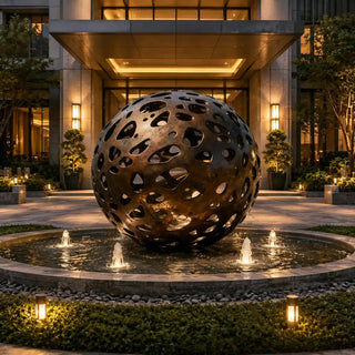 Antique bronze hollow sphere sculpture designed for outdoor garden, patio, and landscape décor VSB-64