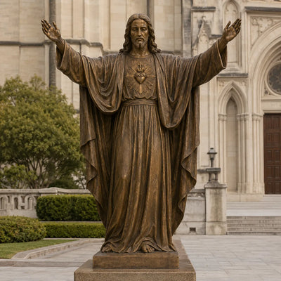 Bronze Jesus statue with open arms and Sacred Heart design created for Catholic churches and religious worship spaces.