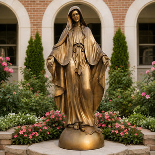 Cast bronze Our Lady of the Miraculous Medal statue, Virgin Mary standing on serpent, open arms religious sculpture