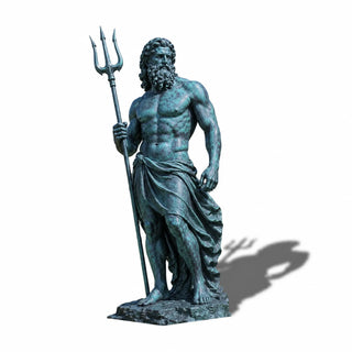 Large bronze Poseidon statue with blue patina finish holding a trident for luxury outdoor garden and waterfront landscape