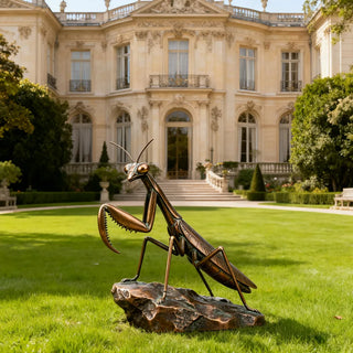 Hand-cast bronze praying mantis sculpture with realistic body details and lifelike legs, ideal for home, garden.