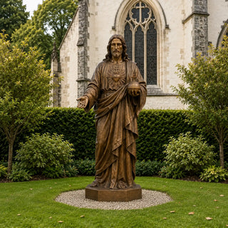 Handcrafted bronze Sacred Heart Jesus statue perfect for Catholic church sanctuary.