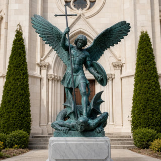 Outdoor custom  bronze Saint Michael religious statue featuring blue-green patina finish for churches and memorial gardens