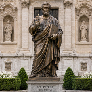 Life-size bronze Saint Peter religious sculpture holding sacred scripture and symbolic keys of the church.