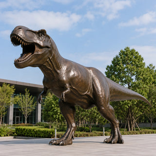 Bronze dinosaur sculpture in a theme park as a realistic T. rex visitor attraction and outdoor landmark