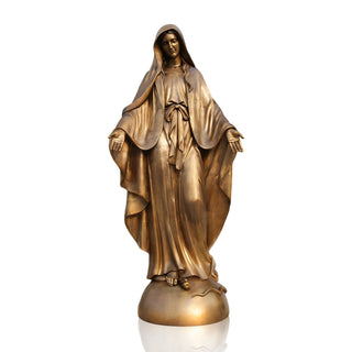 Cast bronze Our Lady of the Miraculous Medal statue, Virgin Mary standing on serpent, open arms religious sculpture
