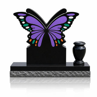 VSM-164 butterfly gravestone with memorial flower vase, colorful wing design for a custom cemetery memorial