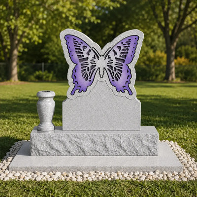 Butterfly gravestone with a granite memorial flower vase, purple wing design and upright cemetery monument