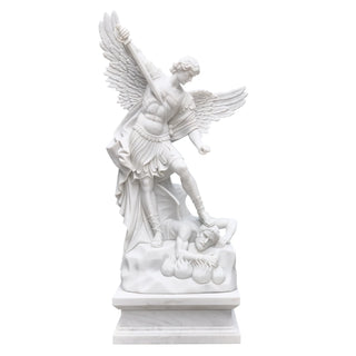 Outdoor marble Saint Michael Archangel sculpture in church garden with elegant classical religious design