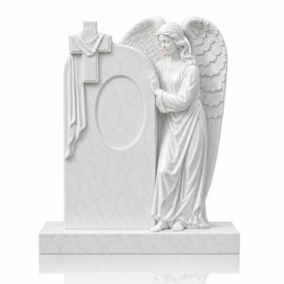 Guardian angel white marble headstone displayed as a Christian cemetery memorial monument
