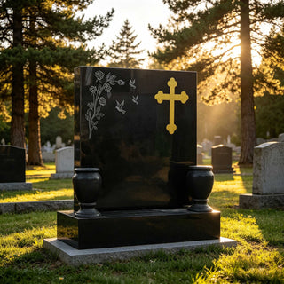 Black granite Christian headstone with cross and rose carving for cemetery memorial
