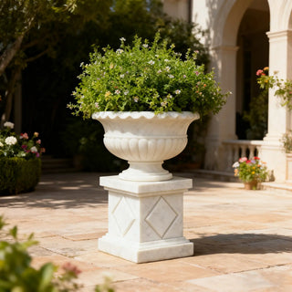 VICTORY Hand-carved marble outdoor planter with geometric pedestal for luxury patio decor
